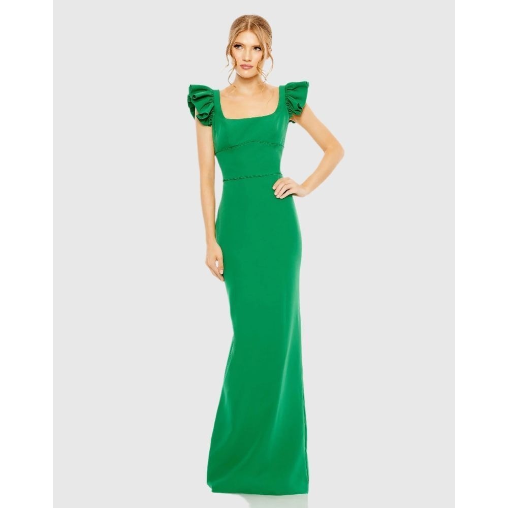Ieena For Mac Duggal NWT Green Ruffle‎ Cap Sleeve Open Back Column Gown Size 8